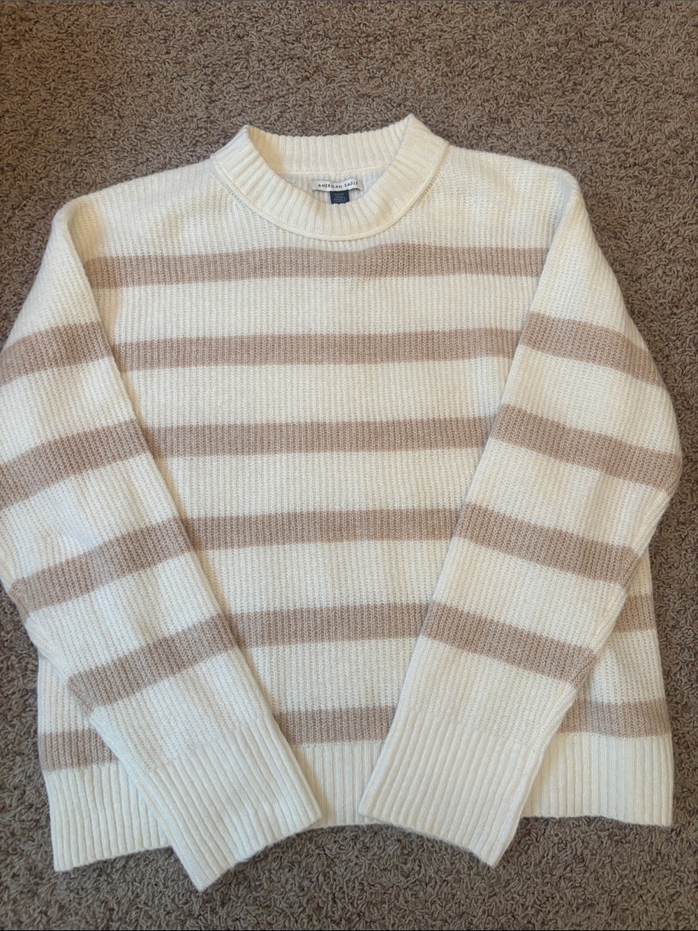 NEW American Eagle Outfitters Cream and Tan Striped Crewneck Sweater